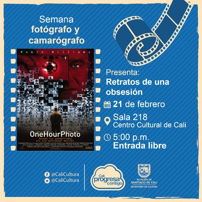 Semana del camar&oacute;grafo y del fot&oacute;grafo Pel&iacute;cula: Retratos de una obsesi&oacute;n de Mark Romanek A&ntilde;o: 2002 Duraci&oacute;n: 105 minutos Estados Unidos - Sala 218 &ndash; Centro Cultural de Cali