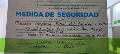 Salud P&uacute;blica impuso medida de clausura temporal total a la cl&iacute;nica Rey David