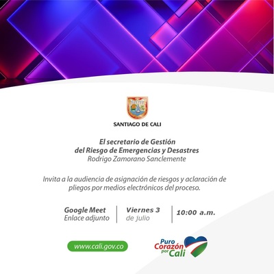 Invita a la audiencia de asignaci&oacute;n de riesgos y aclaraci&oacute;n de Pliegos por Medios electr&oacute;nicos del Proceso