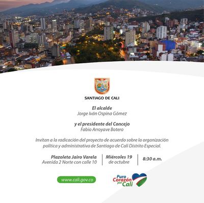 Presentaci&oacute;n al Concejo de Cali del proyecto de acuerdo que organiza pol&iacute;tica  y administrativamente a Santiago de Cali Distrito Especial. 