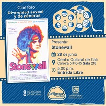 "Cine Foro Diversidad sexual y de g&eacute;nero Pel&iacute;cula: Stonewall de Nigel Finch A&ntilde;o: 1995 Duraci&oacute;n: 94 minutos Reino Unido" - Sala 218 &ndash; Centro Cultural de Cali