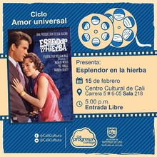 "Ciclo Amor universal  Pel&iacute;cula: Esplendor en la hierba de Elia Kazan  A&ntilde;o: 1961 Duraci&oacute;n: 124 minutos Estados Unidos" - Sala 218 &ndash; Centro Cultural de Cali