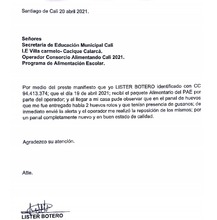 Secretar&iacute;a de Educaci&oacute;n notifica novedad atendida oportuna y satisfactoriamente por el operador de alimentaci&oacute;n escolar