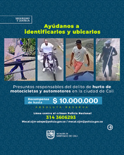 Con dos carteles, Alcald&iacute;a de Cali y Polic&iacute;a Metropolitana buscan identificar y ubicar a responsables de hurtos a comercio, motocicletas y automotores