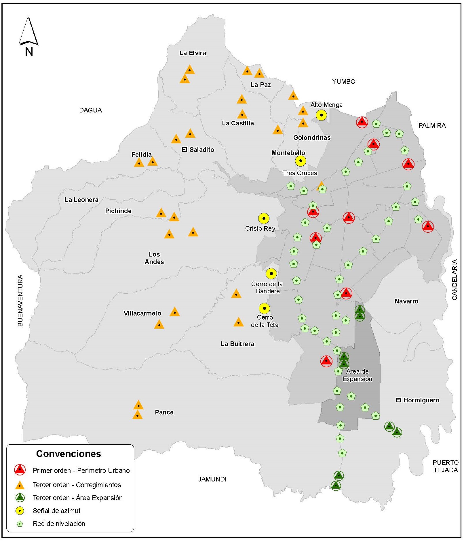 Mapa de Santiago de Cali con la localización de los referentes de la Red de Control Geodésico.