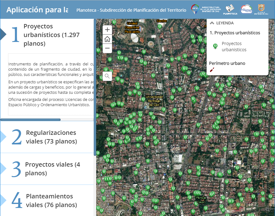 Aplicación web de la Planoteca Digital del DAPM, la cual muestre en su panel izquierdo las diferentes temáticas que se pueden consultar, en el resto se muestra un mapa de la zona urbana de Cali con la ubicación de las zonas, en las cuales hay mapas disponible para la temática seleccionada.