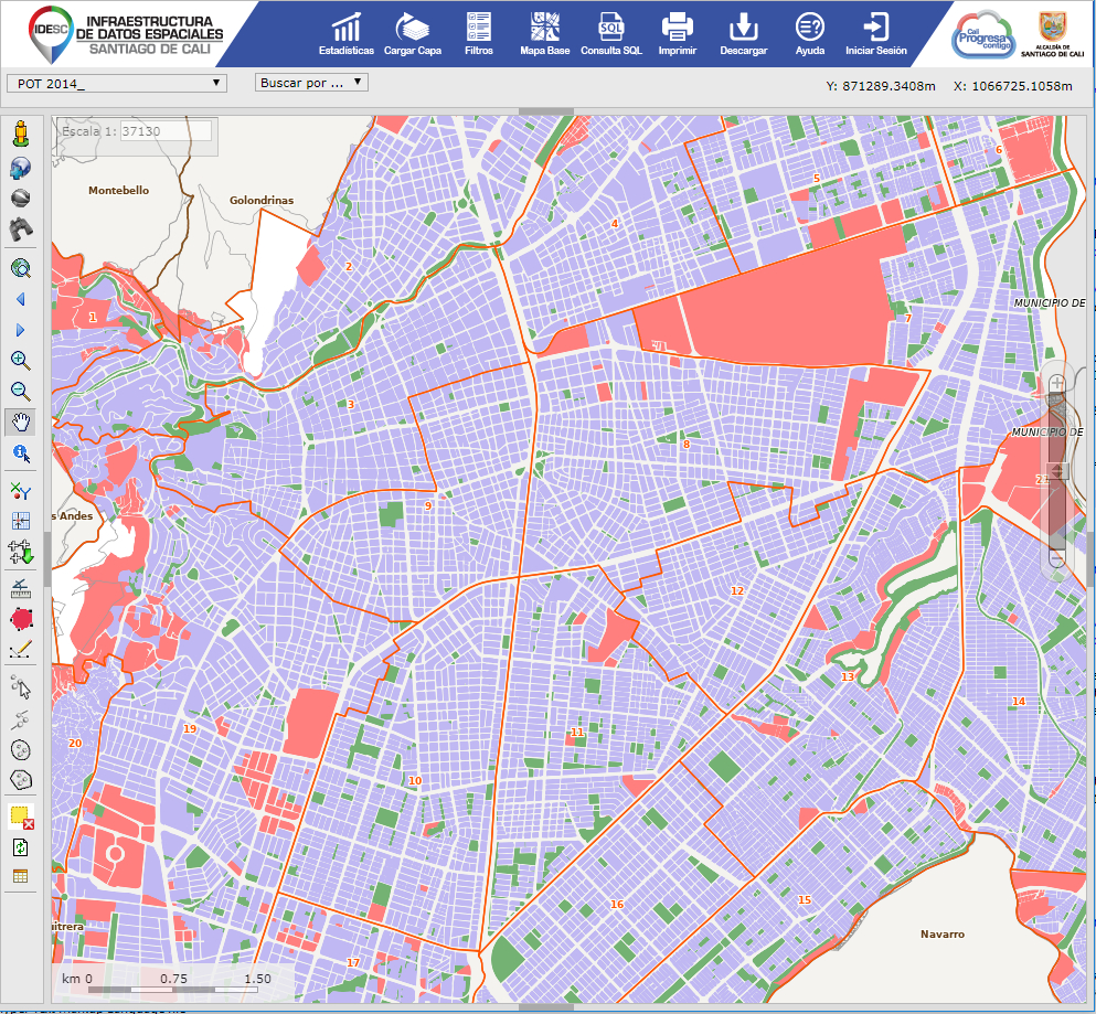 Imagen del mapa donde se muestran las áreas o zonas de Santiago de Cali, donde se expedirán Líneas de Demarcación o Esquemas Básicos.