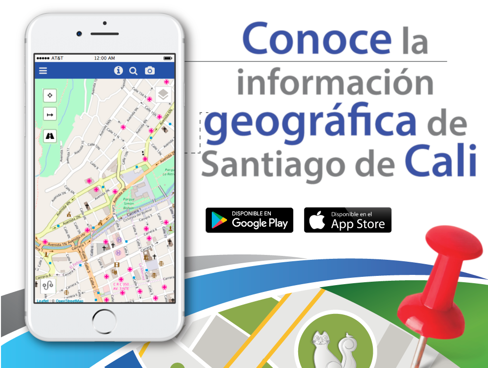 Imagen de un dispositivo móvil con la aplicación de la IDESC, en la cual se observa un mapa de Cali y a un lado un texto que dice 'Conoce la información geográfica de Cali' y dos íconos que indican: Disponible para descarga desde las tiendas de Google Play y App Store.