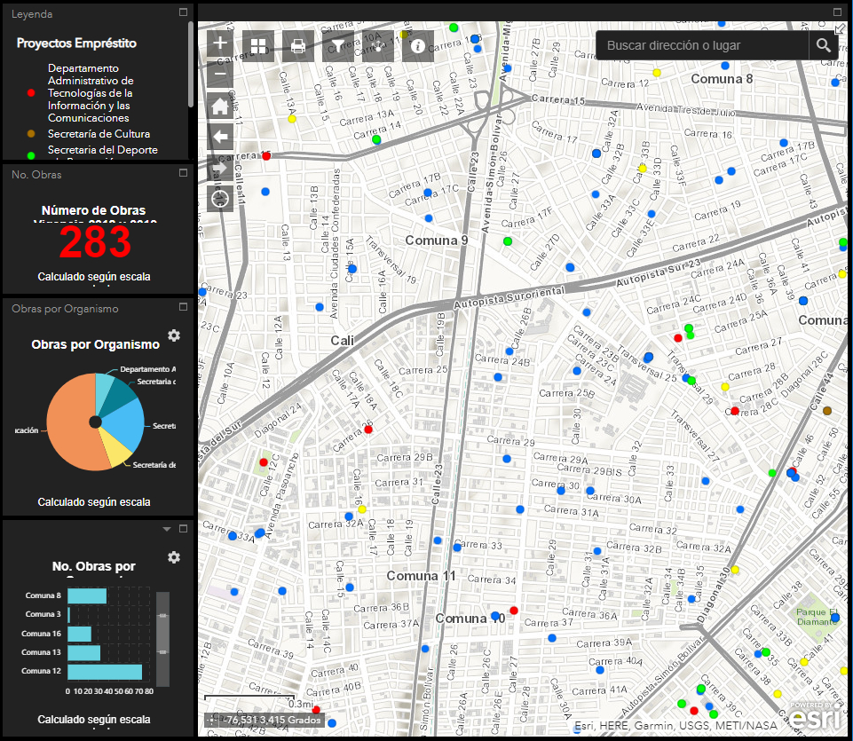 Imagen de la aplicación web geográfica, donde se muestra en su parte central el mapa de Cali con la ubicación de los proyectos de financiación Empréstito y en la parte izquierda, algunas gráficas estadísticas.