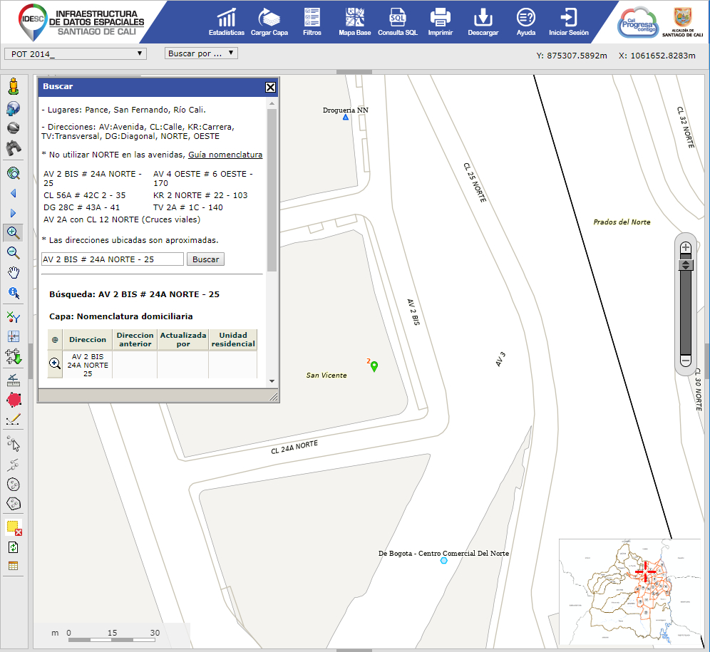 Imagen del Geovisor IDESC mostrando una consulta de una dirección esrita conforme a la nueva guía de nomenclatura.