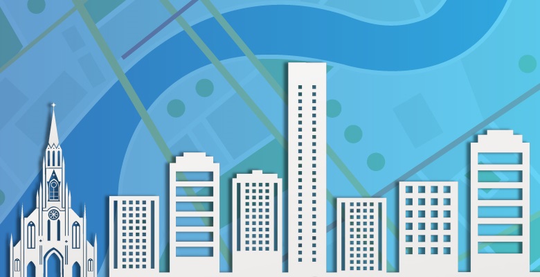 Ilustración de ediificaciones donde resaltan la iglesia La Ermita y la Torre de Cali.