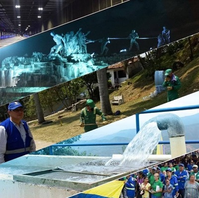 Mezcla de imagenes del tunel de la Avenida primera, monumento al Trabajo, prestadores del servicio de aseo, planta de tratamiento de aguay grupo de personas prestadoras de servicio público.