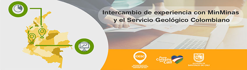 Pieza gráfica donde se muestra un mapa de Colombia y la localización de las ciudades de Bogotá y Cali, además de una persona revisando documentos y una computadora portátil y logos institucionales