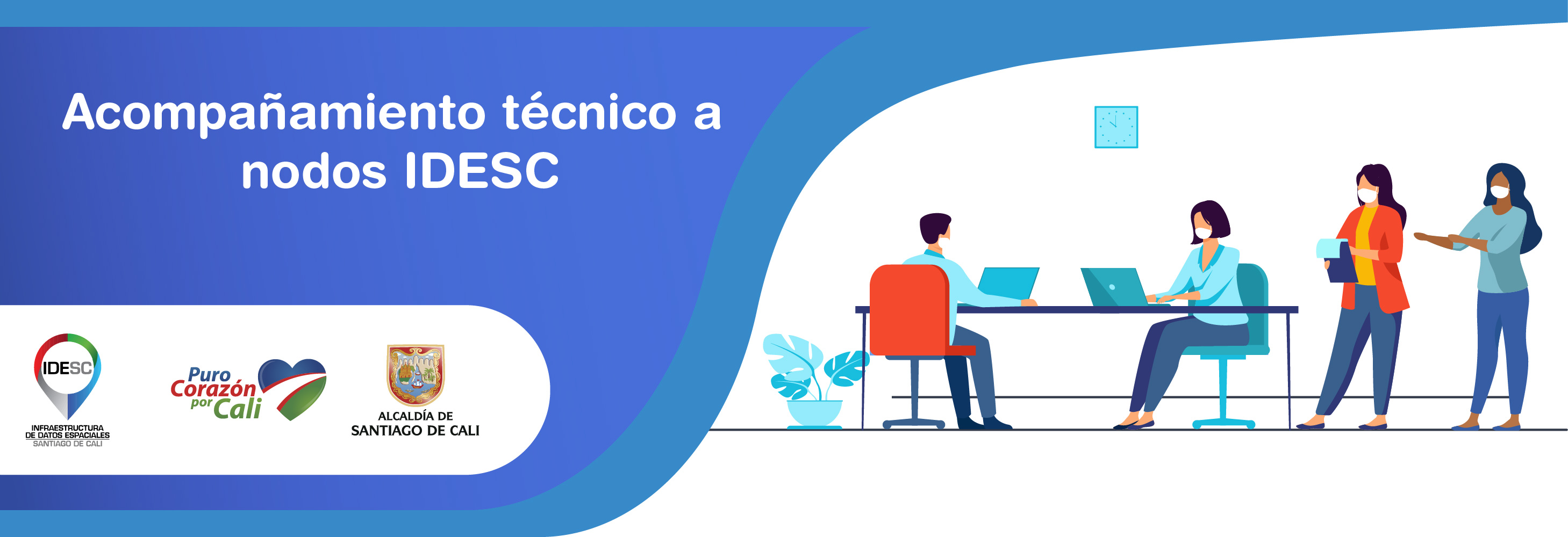 Pieza gráfica con una ilustración, donde se muestra a personas trabajando en sus computadores portátiles y brindando apoyo a otras personas.