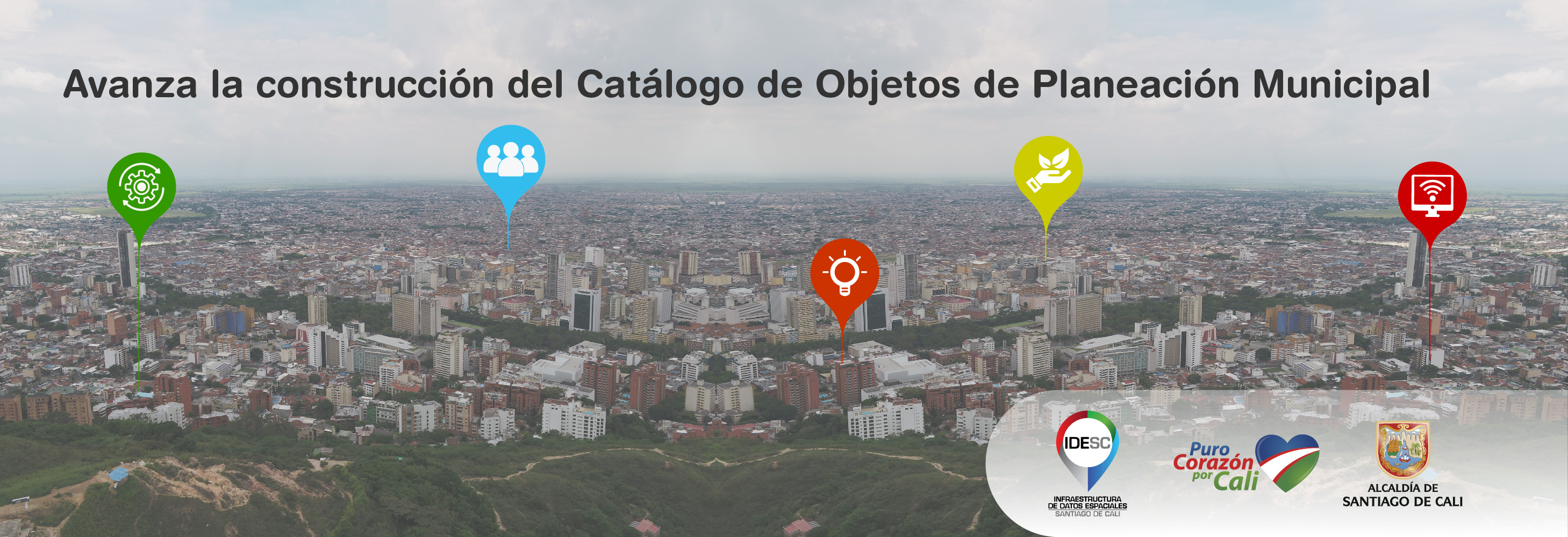 Pieza gráfica donde se muestra una imagen panorámica de Cali con efecto de espejo y la ubicación de cinco íconos de distintos sectores de la economía sobre la imagen.