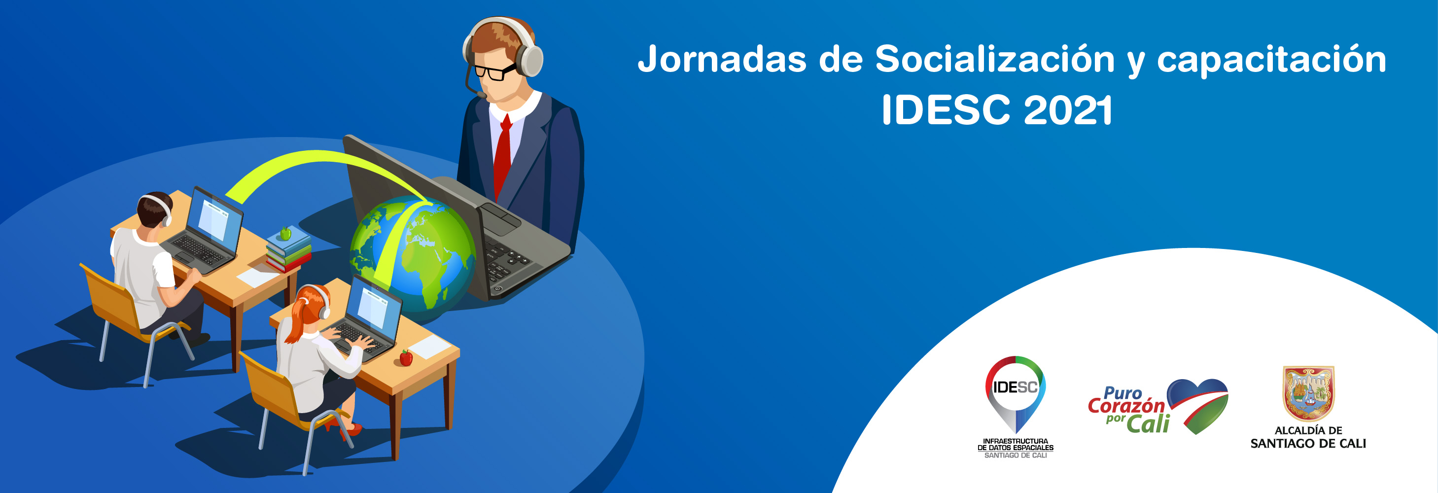 Pieza gráfica donde se muestra a una mujer y un hombre recibiendo una capacitación virtual por otro hombre que está en otra parte del mundo y aún lado los logos institucionales.