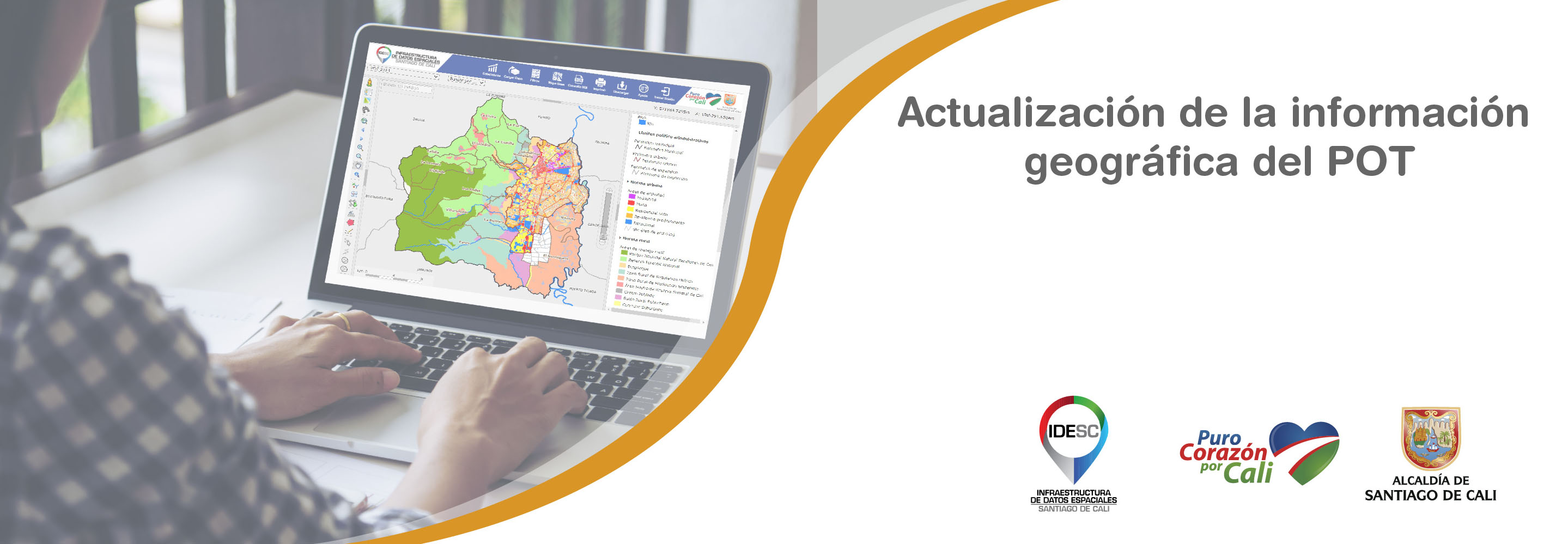Pieza gráfica donde se muestra a una persona consultando en su computador portátil la información geográfica del POT a través del Geovisor IDESC.