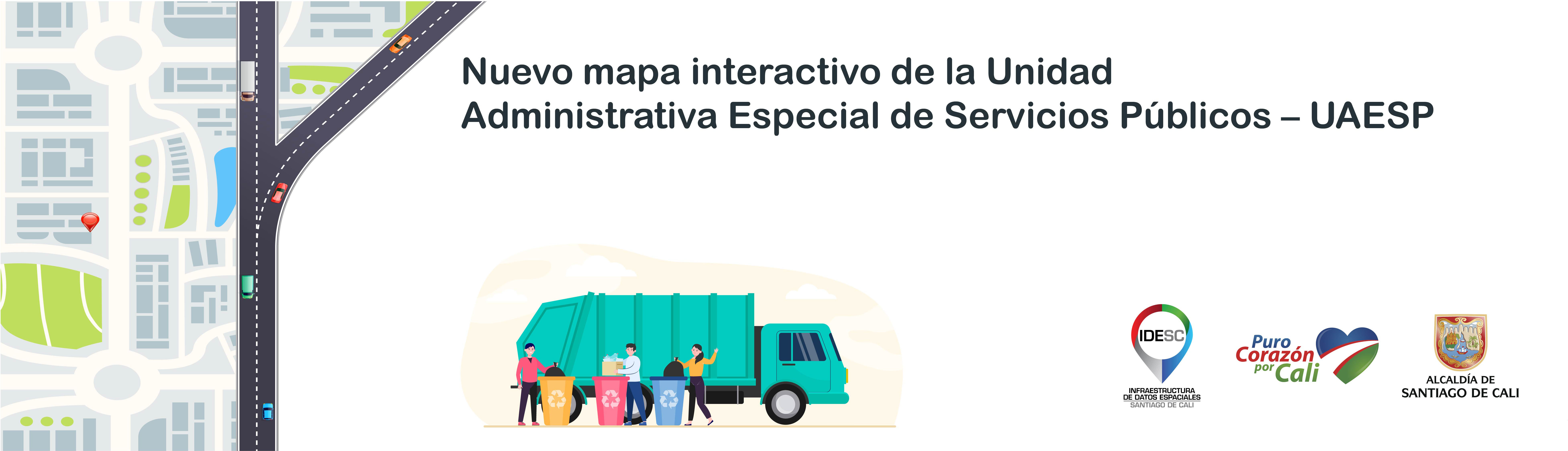 Pieza gráfica que contiene la imagen de un mapa donde hay presencia de calles, zonas verdes, cuerpos de agua, vehículos, un carro de recolección y tres tarros para la disposición de residuos y aún lado los logos institucionales.