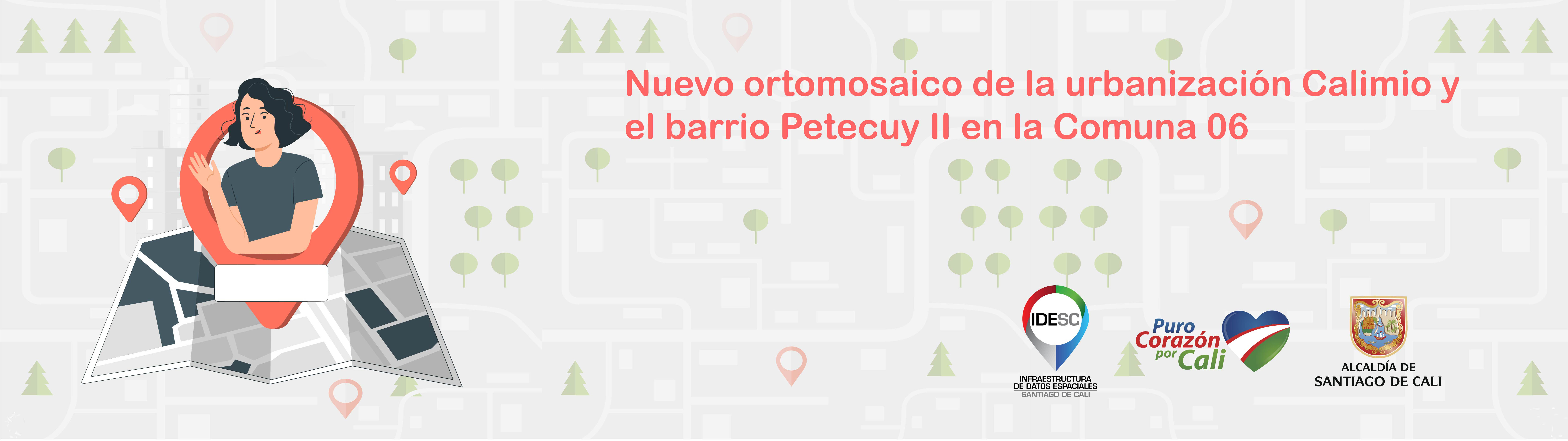Pieza gráfica que contiene la imagen de un mapa sobre el cual se posa un ícono de posición con una mujer saludando y al fondo un mapa con calles, árboles e íconos de posición y aún lado los logos institucionales.
