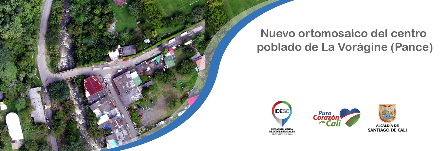 Pieza gráfica que contiene la imagen aérea de un sector del centro poblado de La Vorágine en el corregimiento de Pance y aún lado los logos institucionales.