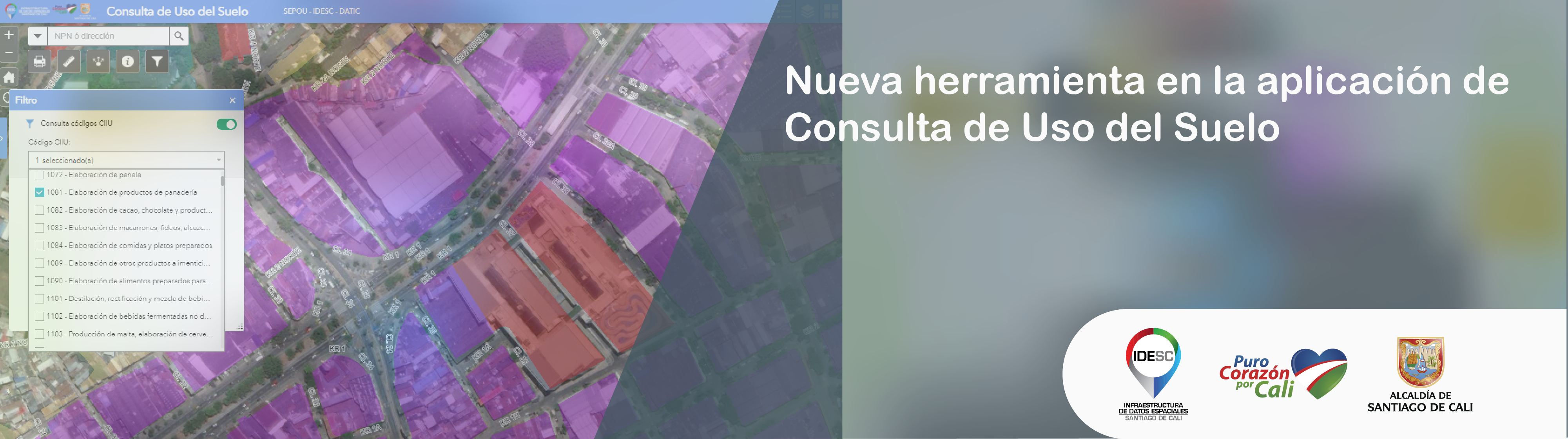 Pieza gráfica con una imagen de la aplicación de Consulta de Uso del Suelo, donde se aprecia un mapa y la ventana de la herramienta de filtros y al lado inferior izquierdo los logos institucionales.