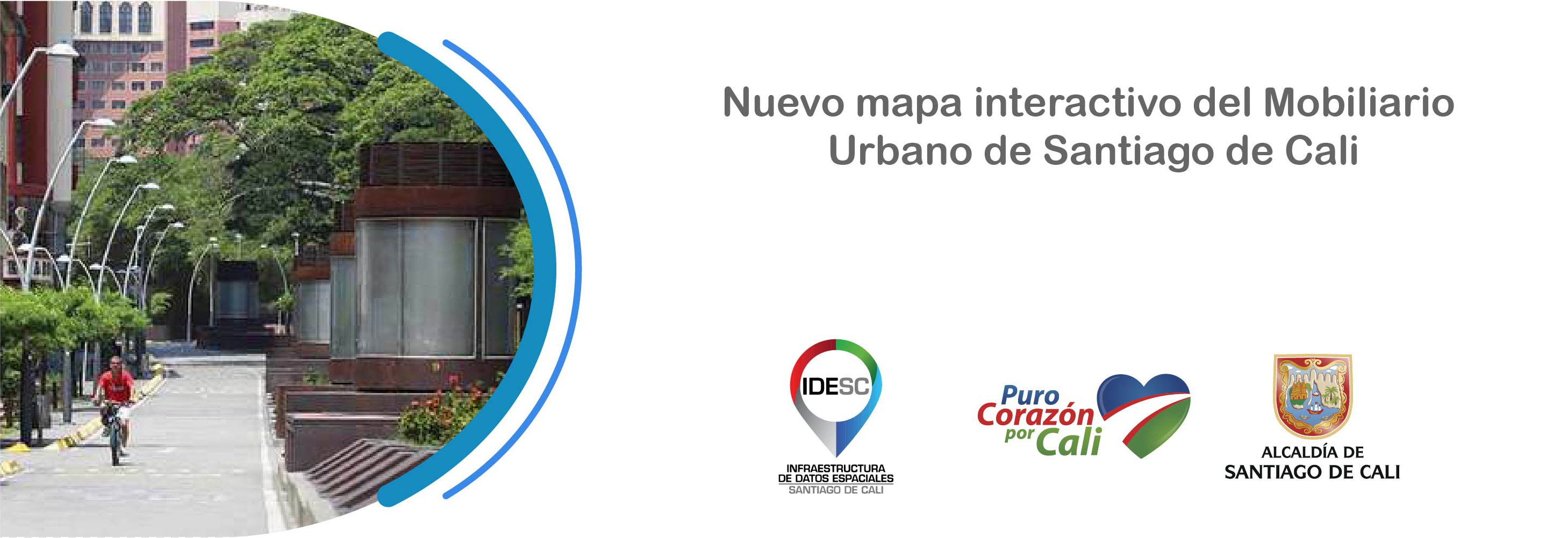 Pieza gráfica que contiene una fotografía de un sector del Boulevard del Río Cali donde se muestran elemento del mobiliario urbano y en la parte inferior derecha los logos institucionales.