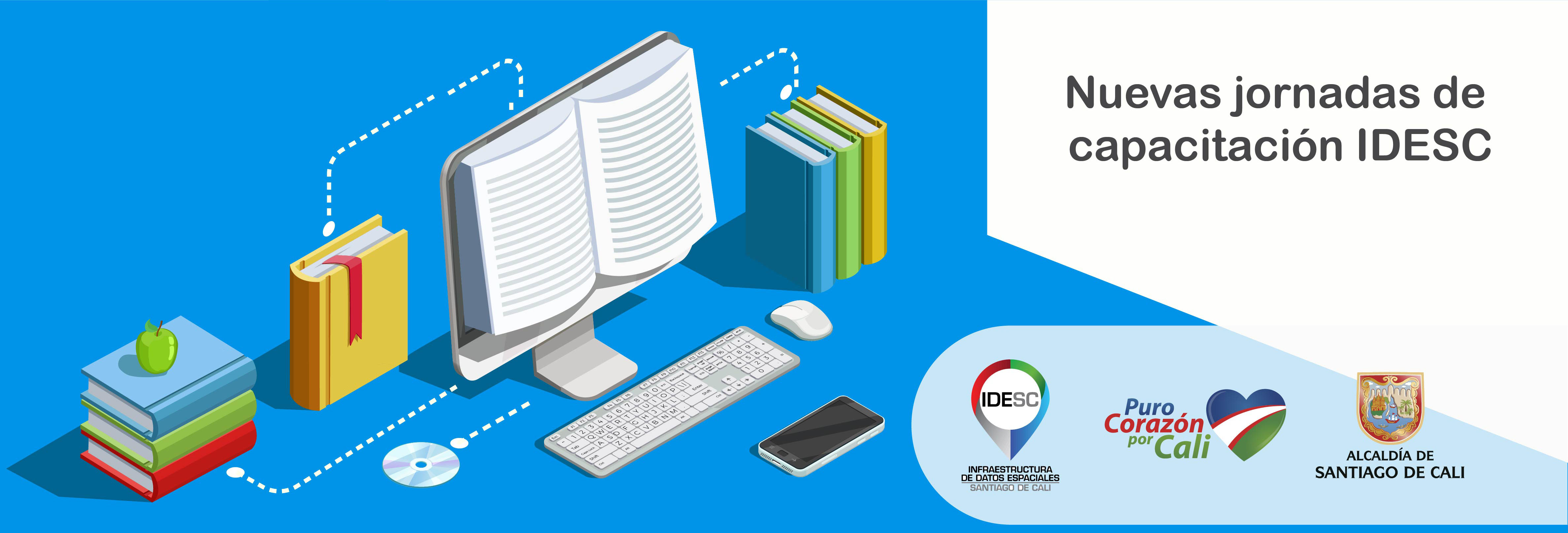 Pieza gráfica donde se muestra la pantalla de un computador del cual sale un libro y a su alrededor otros libros que simulan que están conectados o entregan información a través de la pantalla y en la parte inferior derecha los logos institucionales.