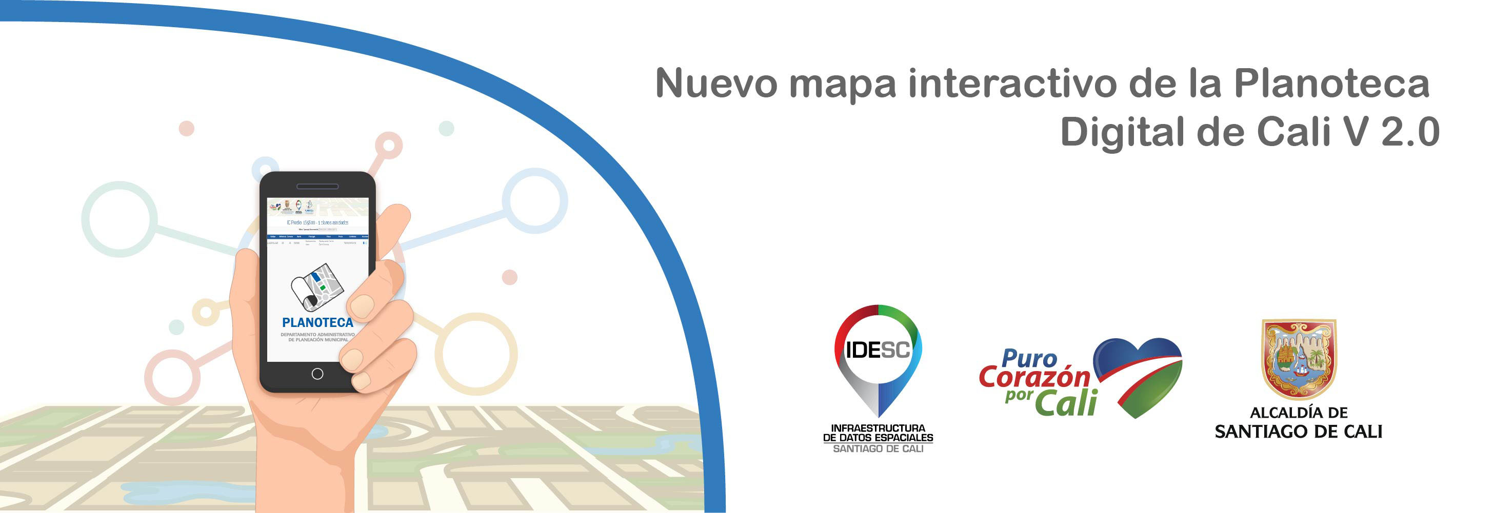 Pieza gráfica que contiene una ilustración de una mano sosteniendo un dispositovo móvil donde se puede apreciar la aplicación de la Planoteca y en la parte inferior derecha los logos institucionales.