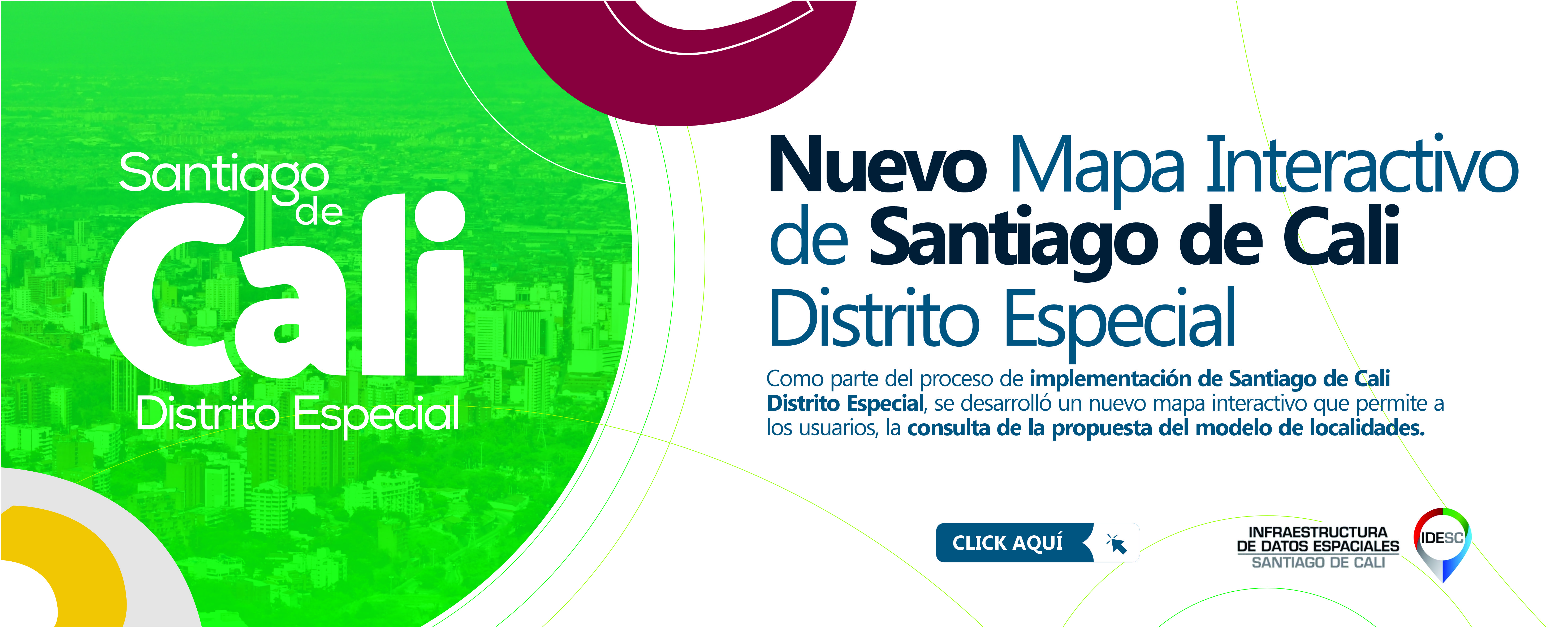 Pieza gráfica compuesta sobre el lado izquierdo con una imagen panorámica de la ciudad y encima un fondo verde con el título Santiago de Cali Distrito Especial y sobre el costado derecho el título de la noticia y debajo un breve resumen.