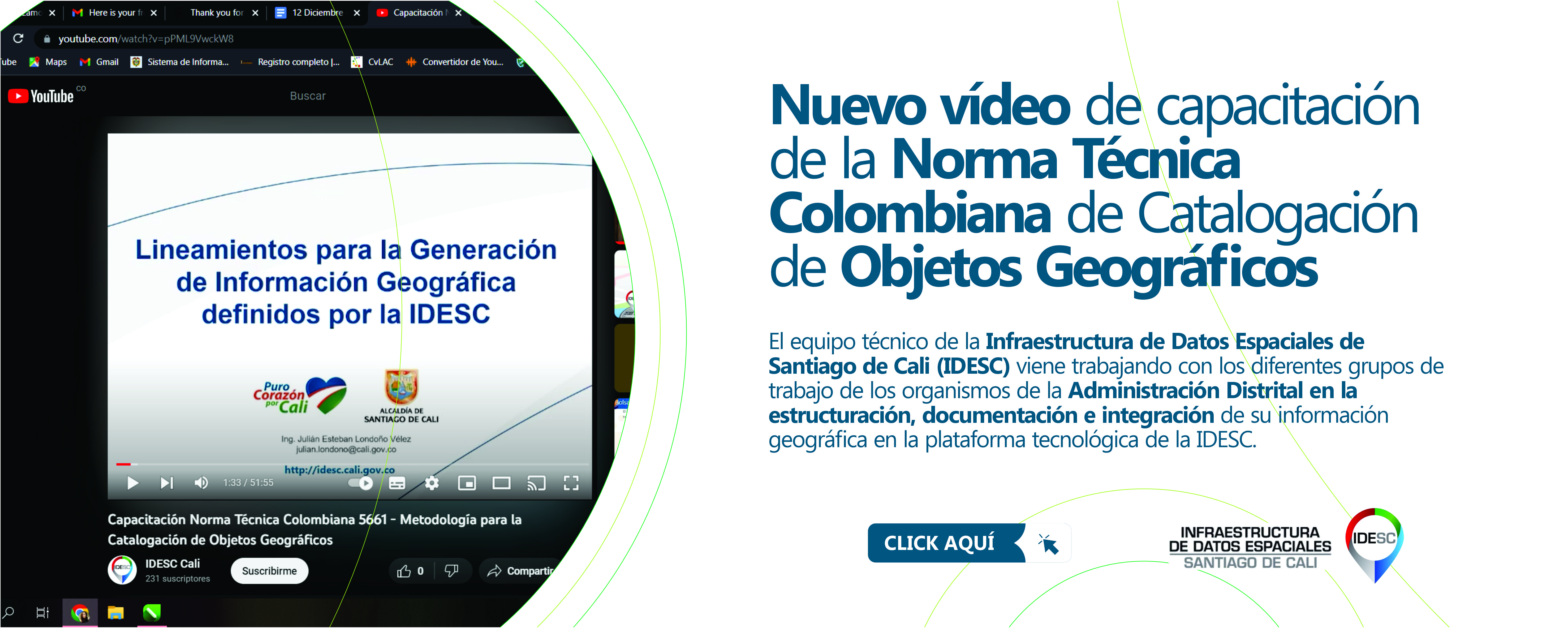 Pieza gráfica con una fotografía de la portada del vídeo en la plataforma YouTube y al costado derecho el título de la noticia y debajo un breve resumen.