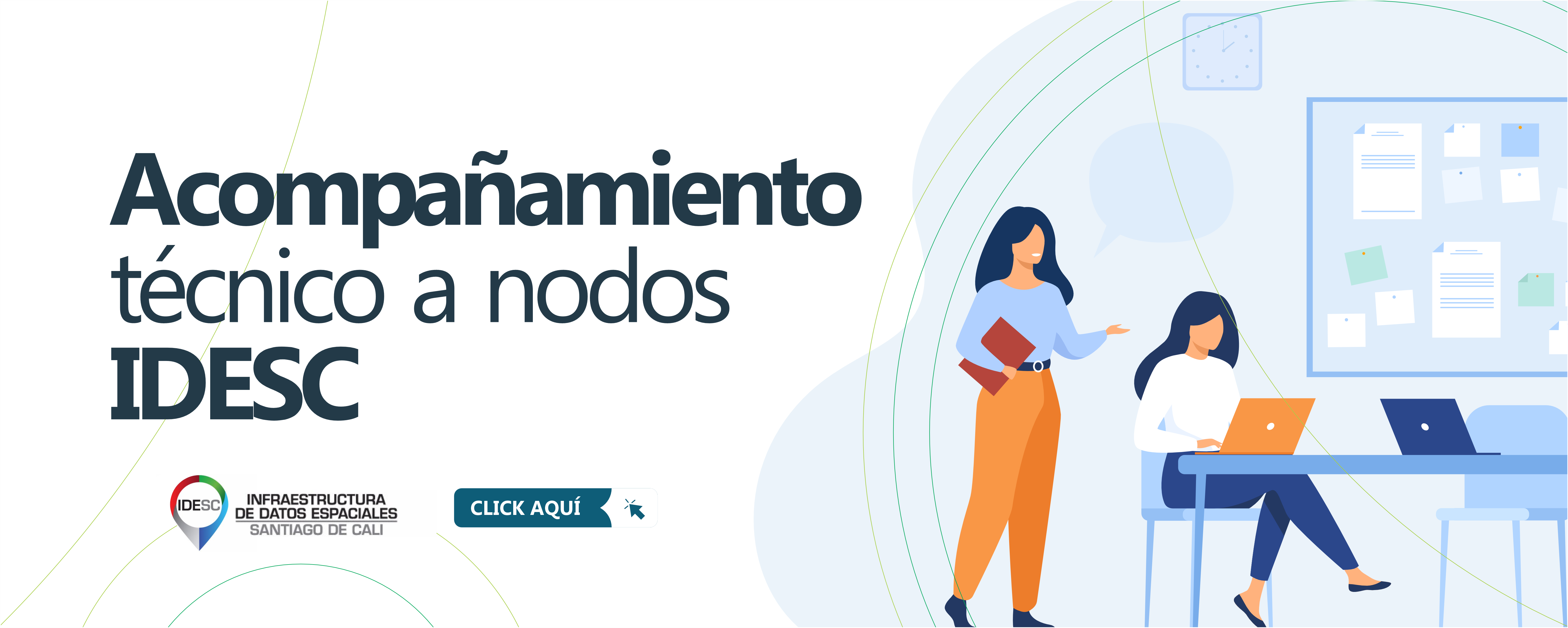 Pieza gráfica con una ilustración al lado derecho, donde se muestra a dos personas trabajando, una mujer con una libreta y un hombre con una computadora portátil y al costado izquierdo el título de la noticia y debajo el logo de la IDESC.