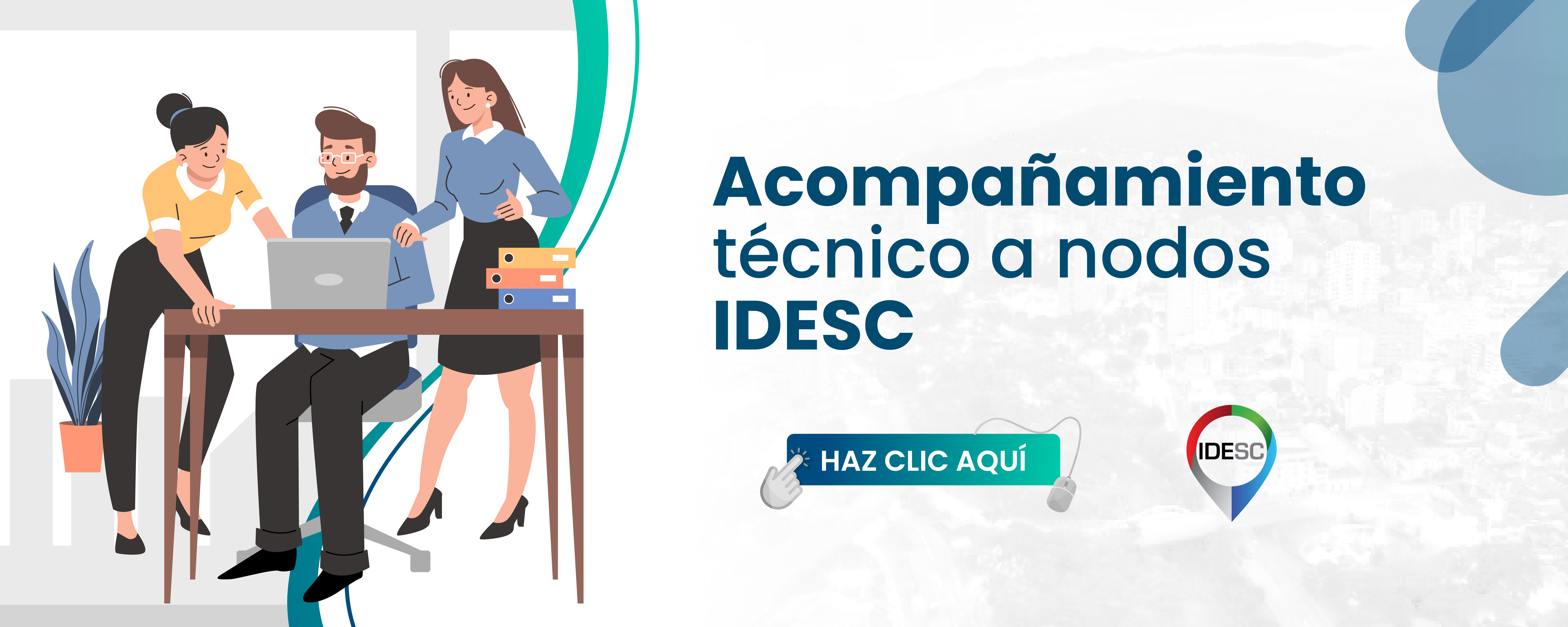 Pieza gráfica con una ilustración al lado derecho, donde se muestra a tres personas trabajando, dos mujeres y un hombre con computadora portátil y al costado izquierdo el título de la noticia y debajo el logo de la IDESC.