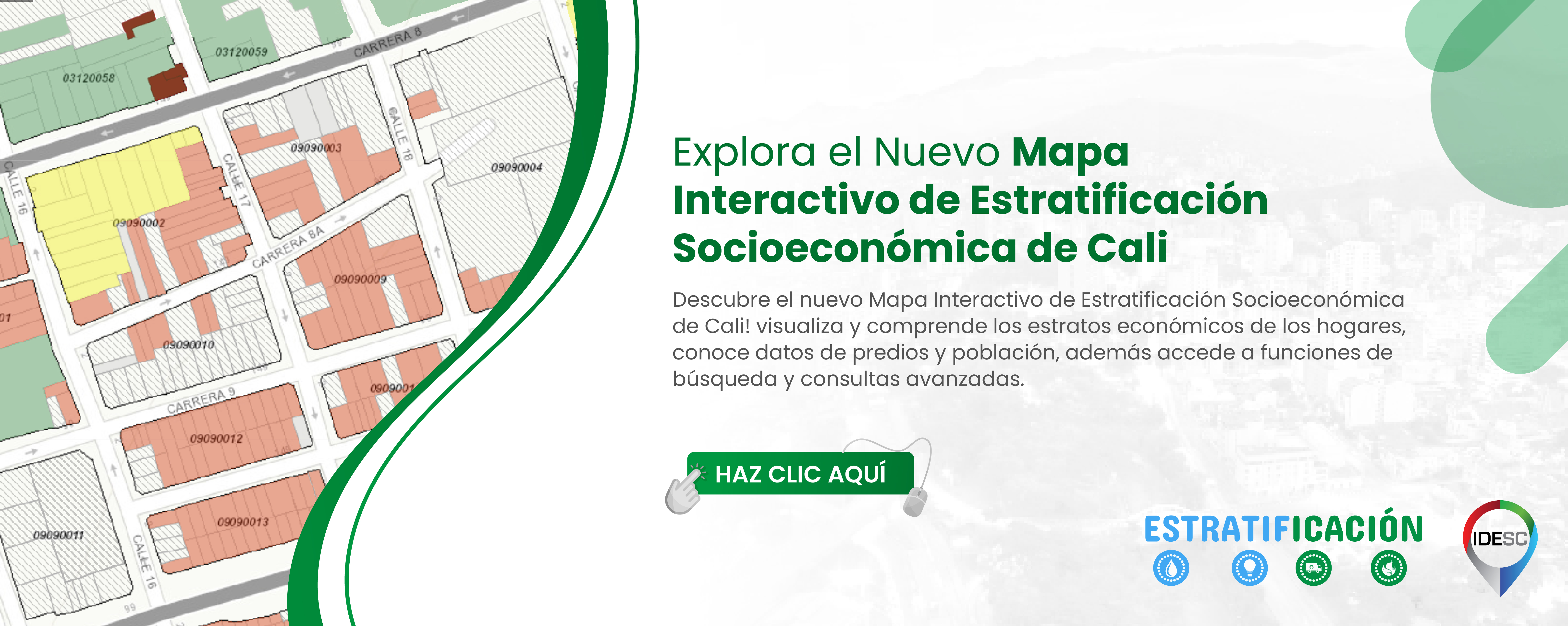 Pieza gráfica que contiene al lado izquierdo el mapa de Santiago de Cali clasificado por colores que representantan la estratificación socioeconómica y al costado derecho el título de la noticia y debajo un breve resumen.