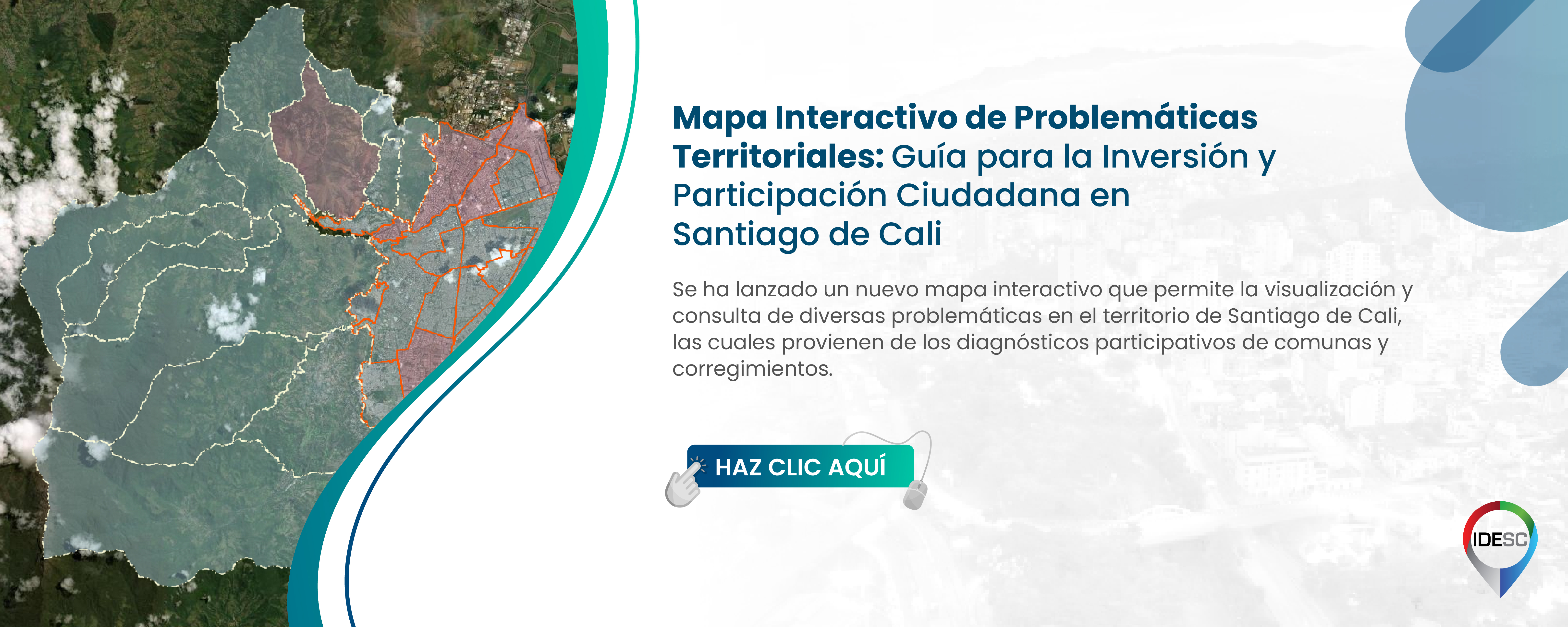 Pieza gráfica que contiene al lado izquierdo el mapa de Santiago de Cali clasificado por colores que representantan la presencia o no de problemáticas territoriales y al costado derecho el título de la noticia y debajo un breve resumen.