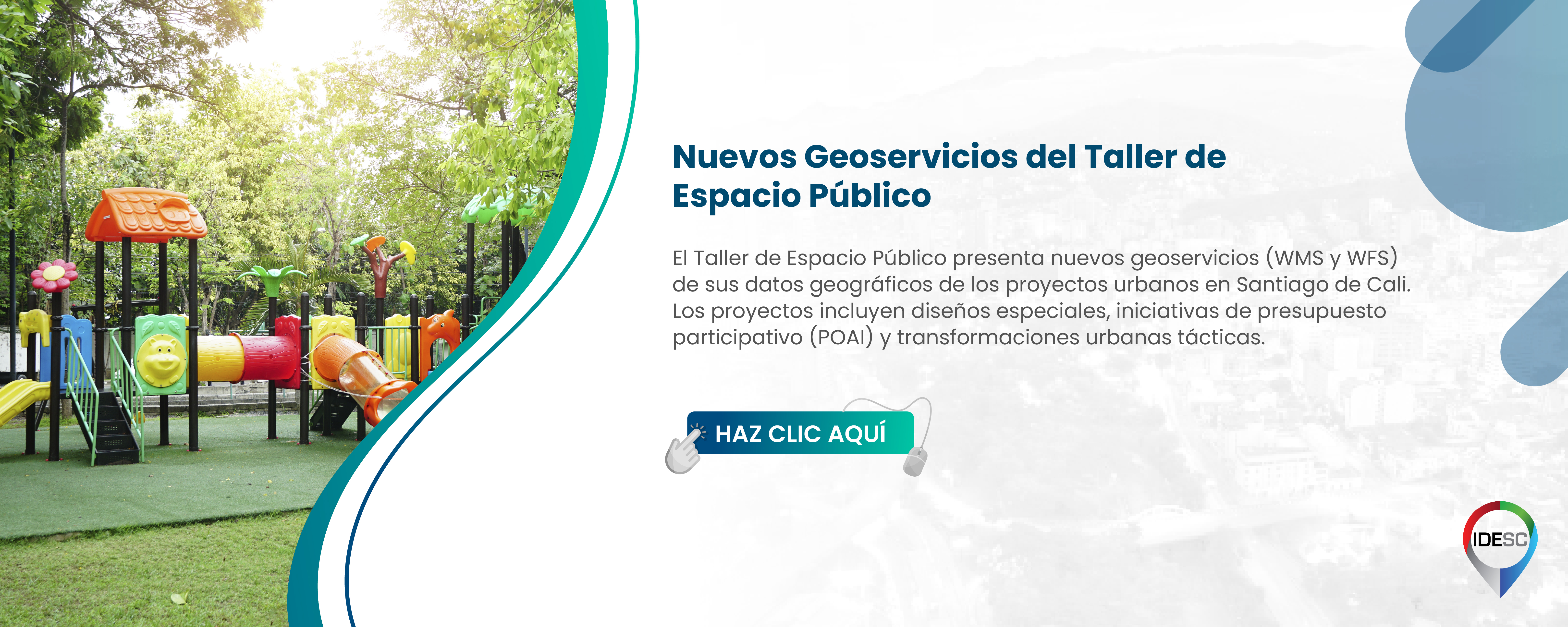 Pieza gráfica que contiene al lado izquierdo una fotografía de un parque con juegos infantiles y al costado derecho el título de la noticia y debajo un breve resumen.