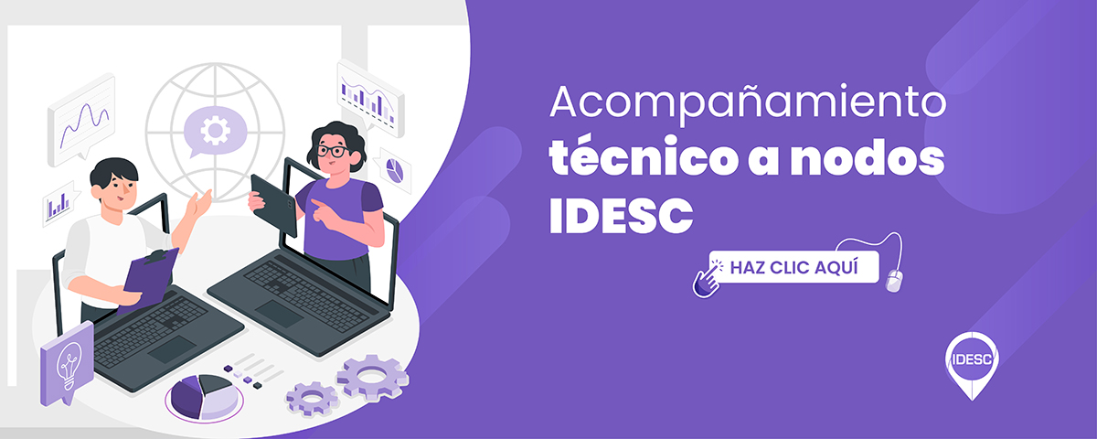 Pieza gráfica con una ilustración al lado derecho, donde se muestra a dos personas trabajando, una mujer con una libreta y un hombre con una computadora portátil y al costado izquierdo el título de la noticia y debajo el logo de la IDESC.