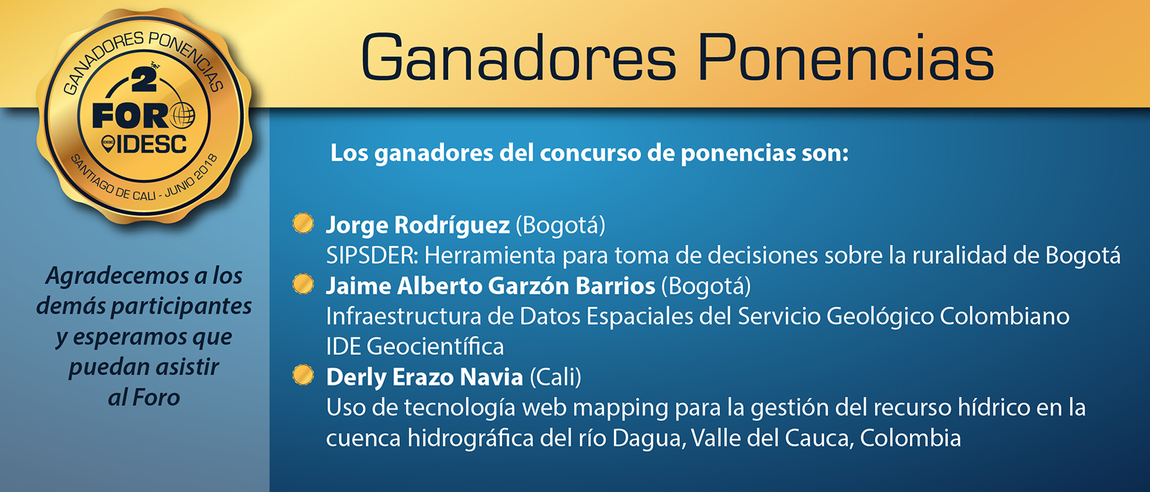 Nombres de los tres ganadores del concurso de ponencias. Jorge Rodriguez de Bogotá, Jaime Alberto Garzón Barrios de Bogotá y Derly Erazo Navia de Cali. Agradece a los demás participantes y espera que puedan asistir al Foro.