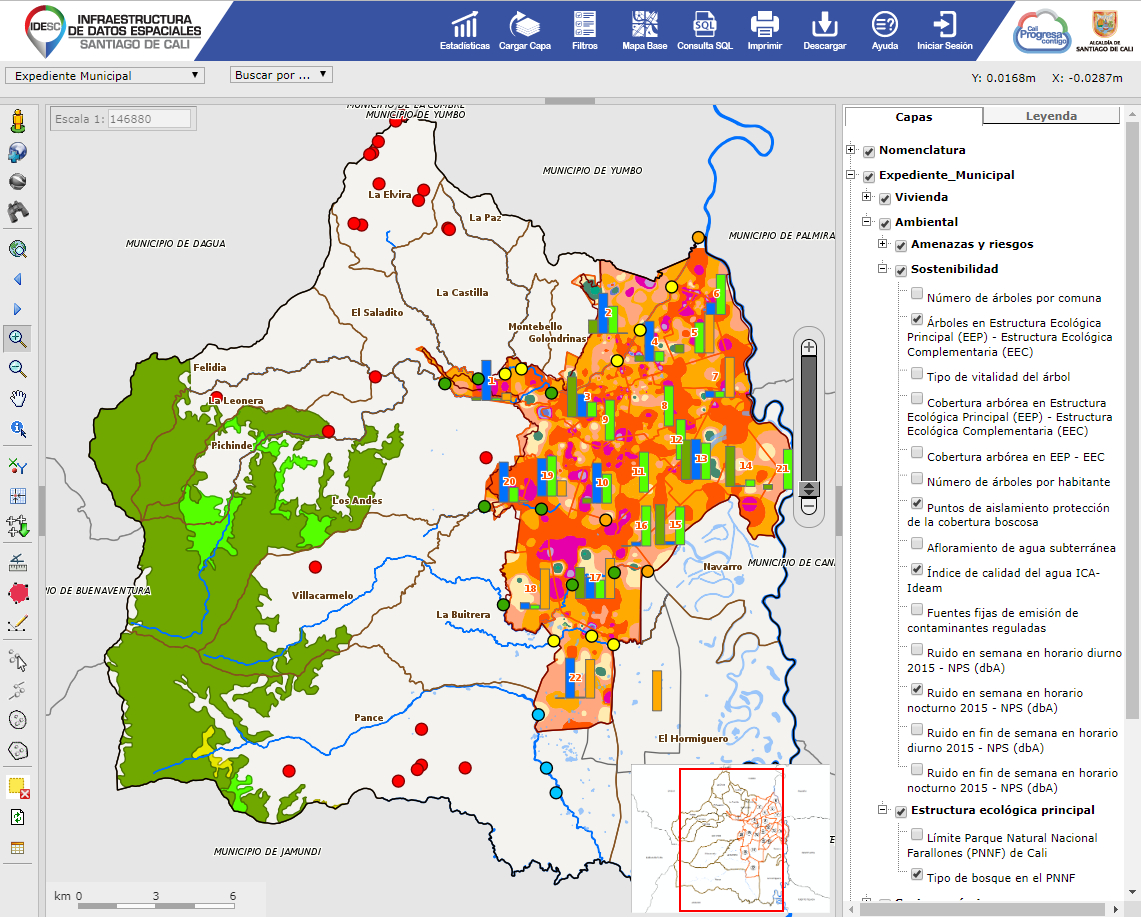 Imagen del mapa del Expediente Muncipal en el Geovisor IDESC, en el cual se muestran algunas de sus capas activadas.