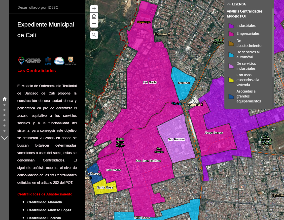 Aplicación web de las Centralidades de Cali, el cual muestra algunas de las zonas definidas por el POT.
