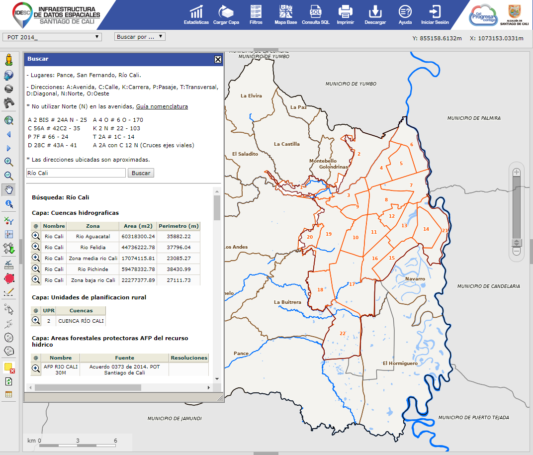 Geovisor IDESC donde se muestran los resultados de una consulta en la herramienta de búsqueda.