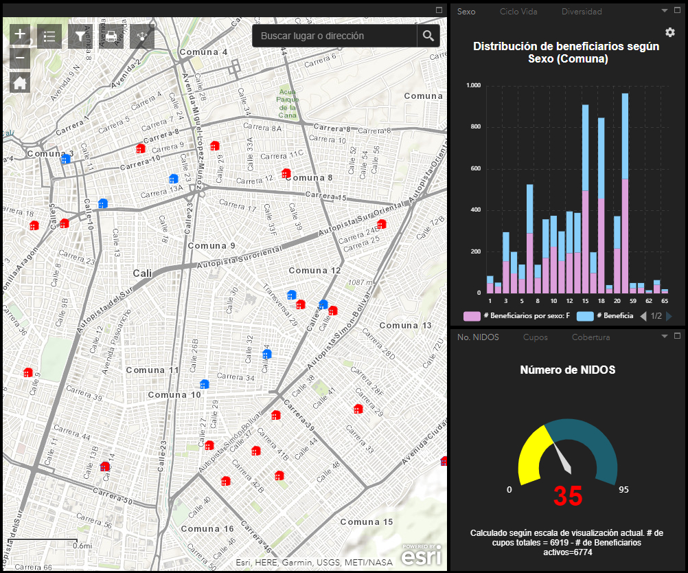 Imagen de la aplicación web geográfica, donde se muestra en su parte central el mapa de Cali con la ubicación de los Nidos de Primera Infancia y en la parte derecha, algunas gráficas estadísticas.