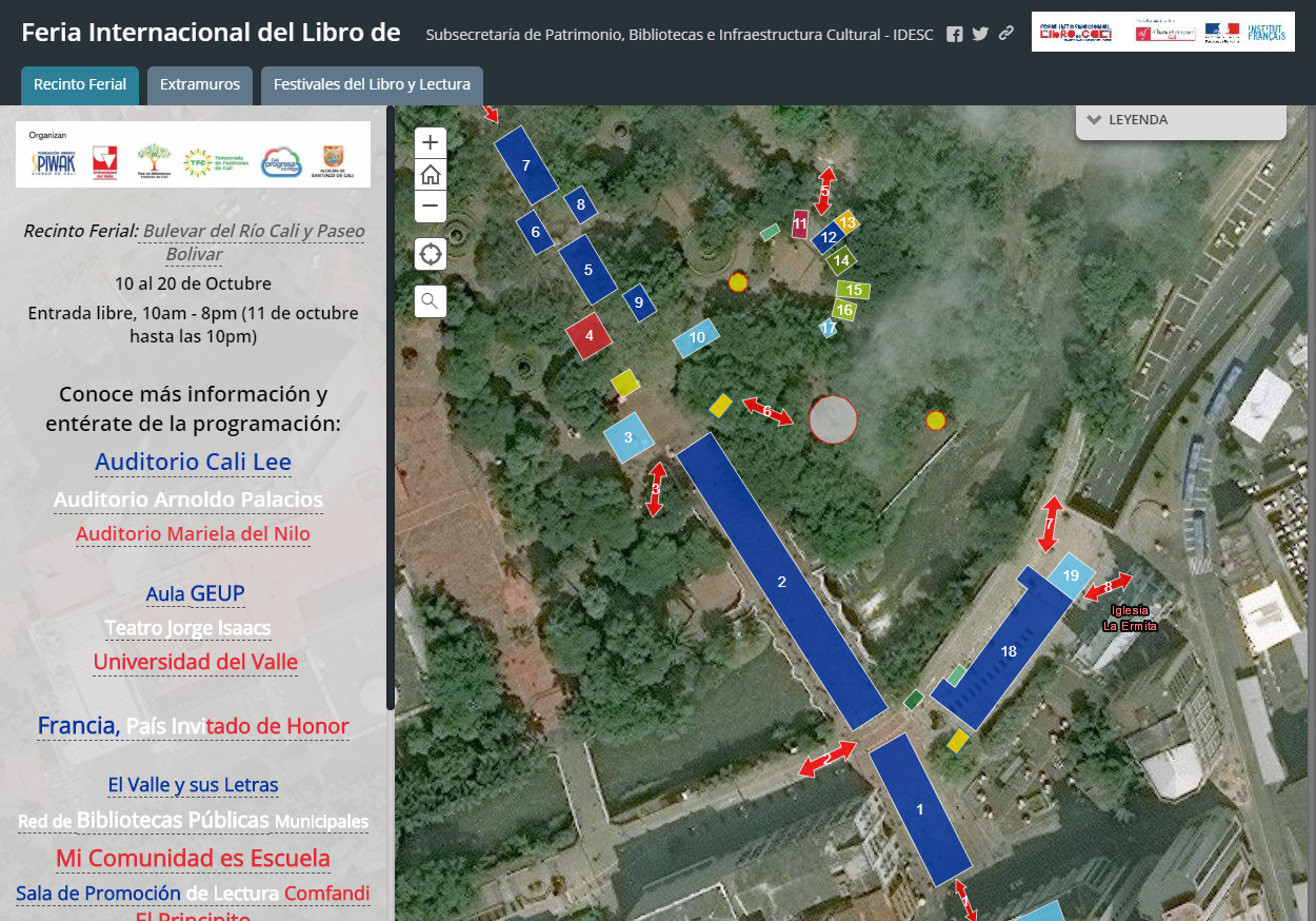 Imagen de la aplicación web geográfica de la Feria Internacional del Libro de Cali 2019 con el mapa de Cali al fondo.