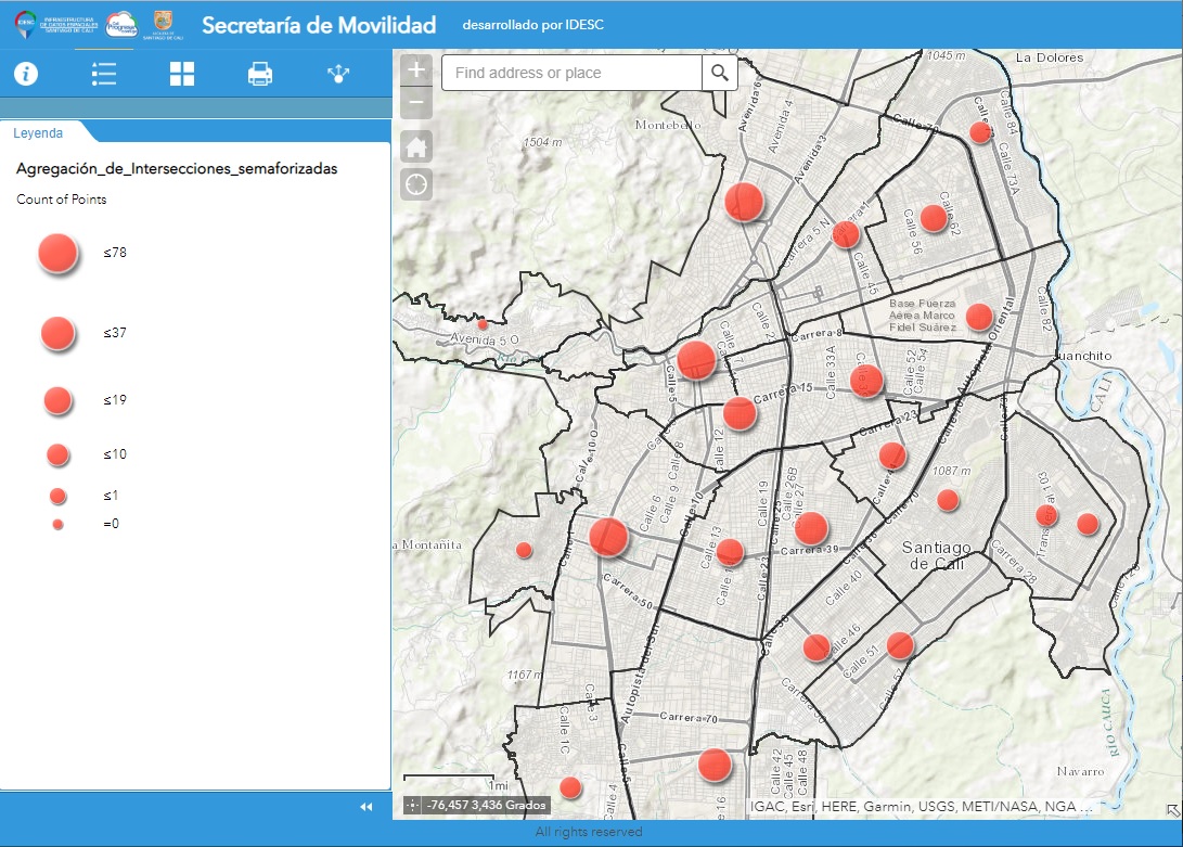Imagen de la aplicación donde se muestra el mapa de Cali con la agregación de semaforos en la ciudad.