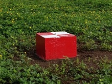Imagen de una estación de nivelación, de formación cúbica y color rojo y blanco.