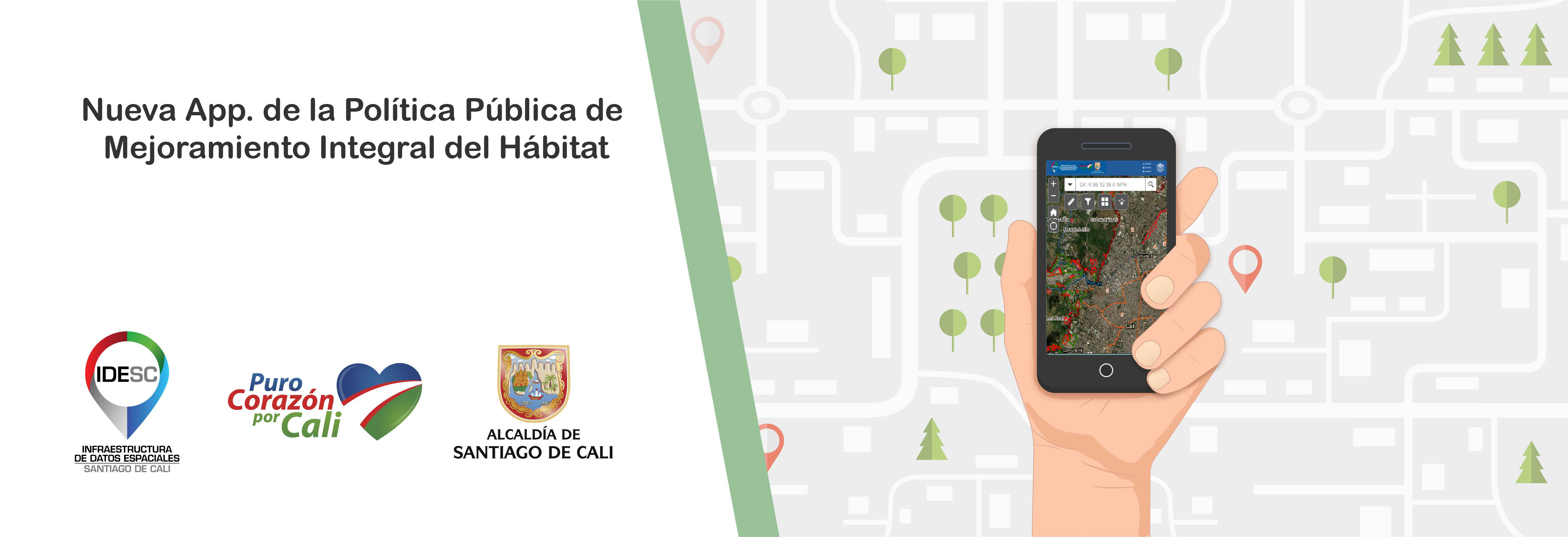 Pieza gráfica con una mano que sostiene un dispositivo móvil donde se aprecia la nueva App de la Política Pública de Mejoramiento Integral del Hábitat y logos institucionales.