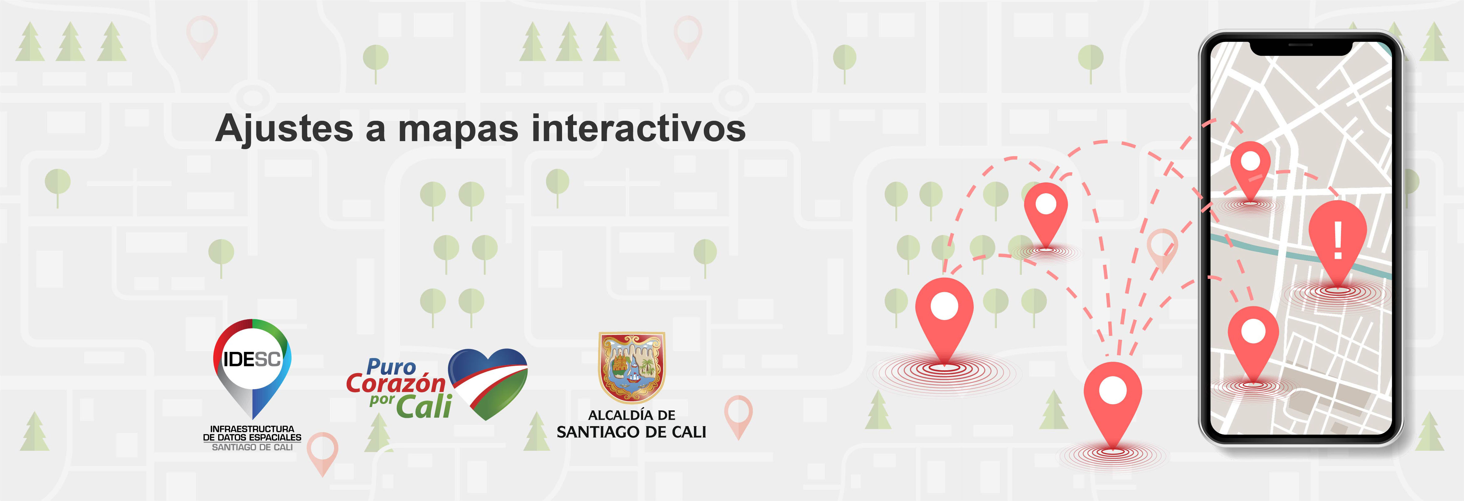 Pieza gráfica donde se muestra un dispositivo móvil con una mapa desde el cual salen varias marcas de localización de color rojo, sobre un fondo urbanistico donde se muestran calles y árboles y al lado izquierdo se encuentran ubicados los logos institucionales.