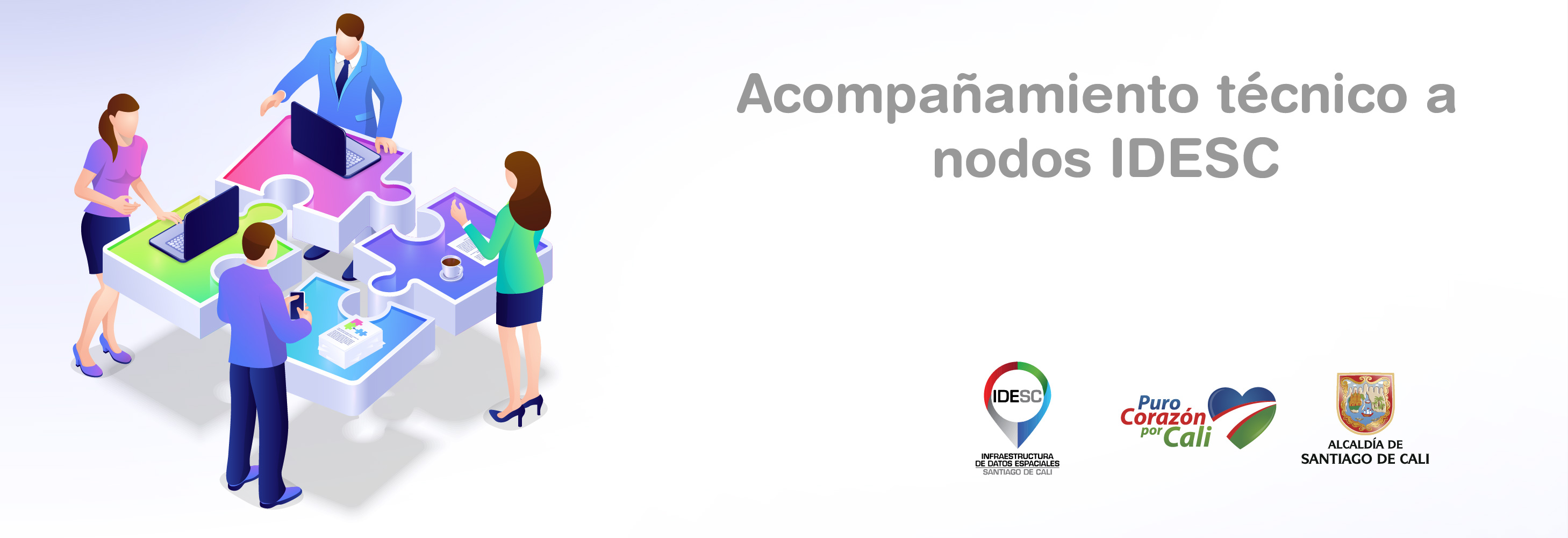 Pieza gráfica con una ilustración, donde se muestra a personas trabajando en sus computadores portátiles y brindando apoyo a otras personas.