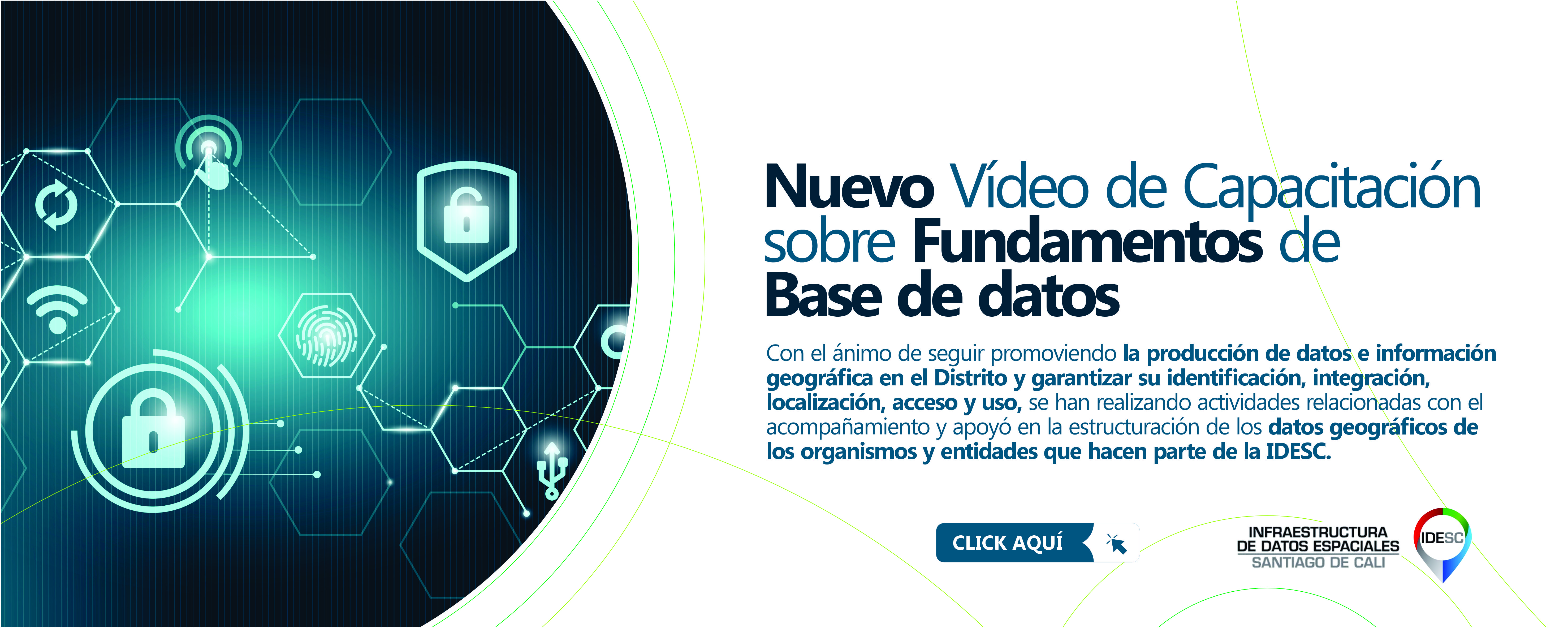 Pieza gráfica con una ilustración al lado izquierdo con figuras e íconos relacionados con el Internet y al costado derecho el título de la noticia y debajo un breve resumen y el logo de la IDESC.