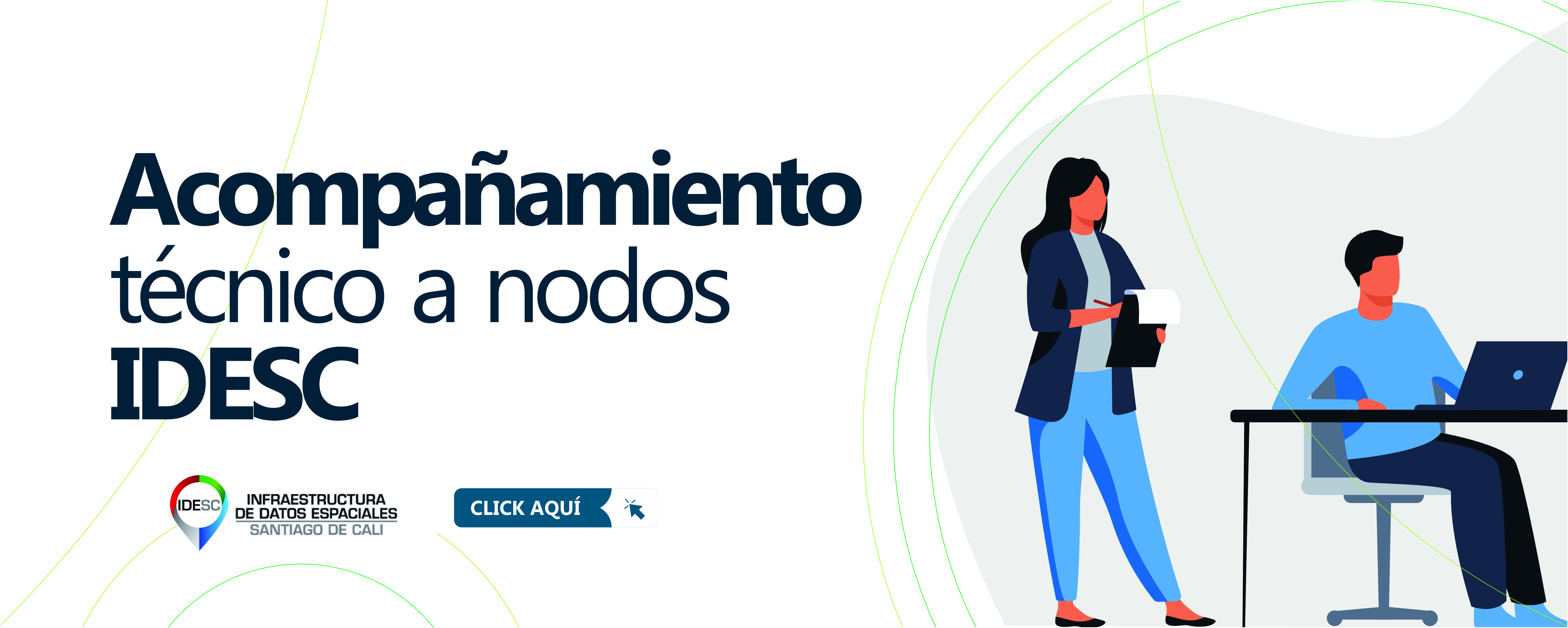 Pieza gráfica con una ilustración al lado derecho, donde se muestra a dos personas trabajando, una mujer con una libreta y un hombre con una computadora portátil y al costado izquierdo el título de la noticia y debajo el logo de la IDESC.