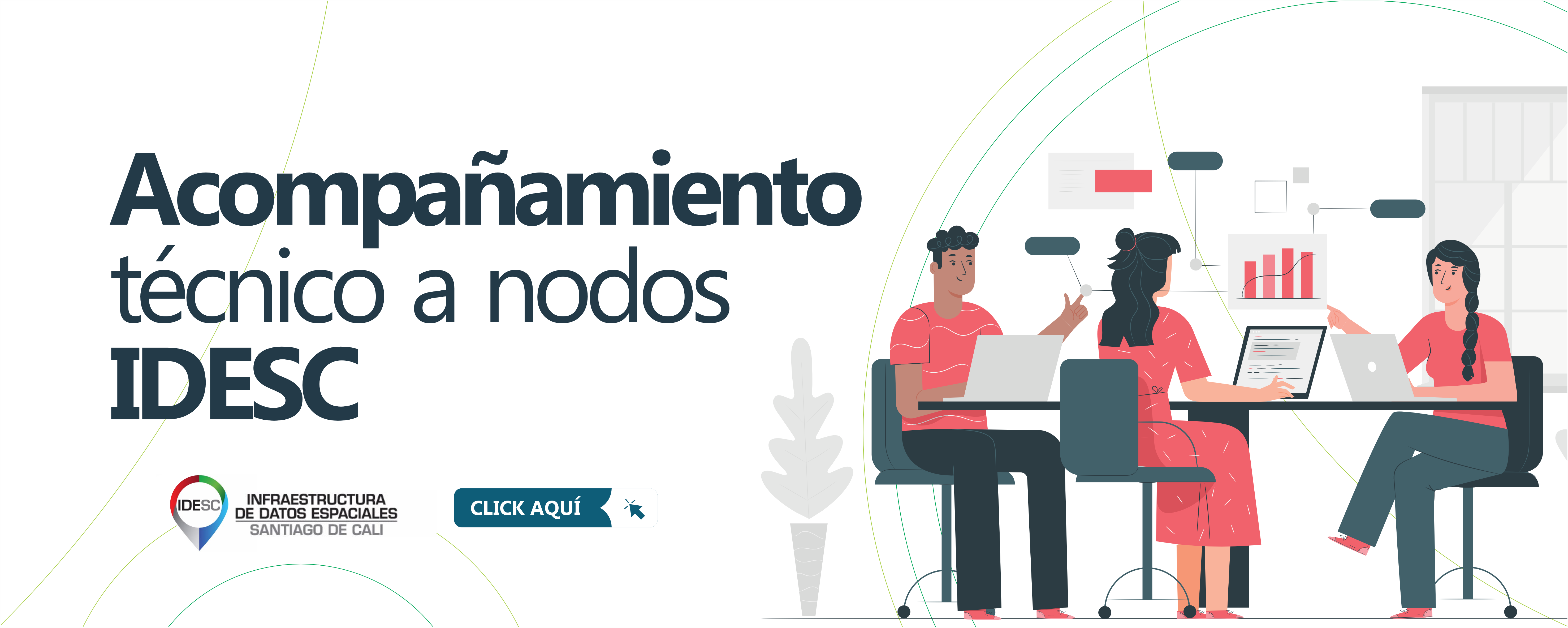 Pieza gráfica con una ilustración al lado derecho, donde se muestra a tres personas trabajando, dos mujeres y un hombre con computadoras portátiles y al costado izquierdo el título de la noticia y debajo el logo de la IDESC.